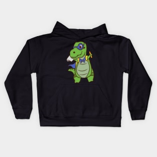 cartoon illustration design dinosaur carrying a pencil book bag wearing a superhero mask and wings Kids Hoodie